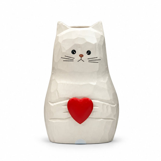 Vase en Bois Massif en Forme de Chat, chat blanc avec cœur rouge