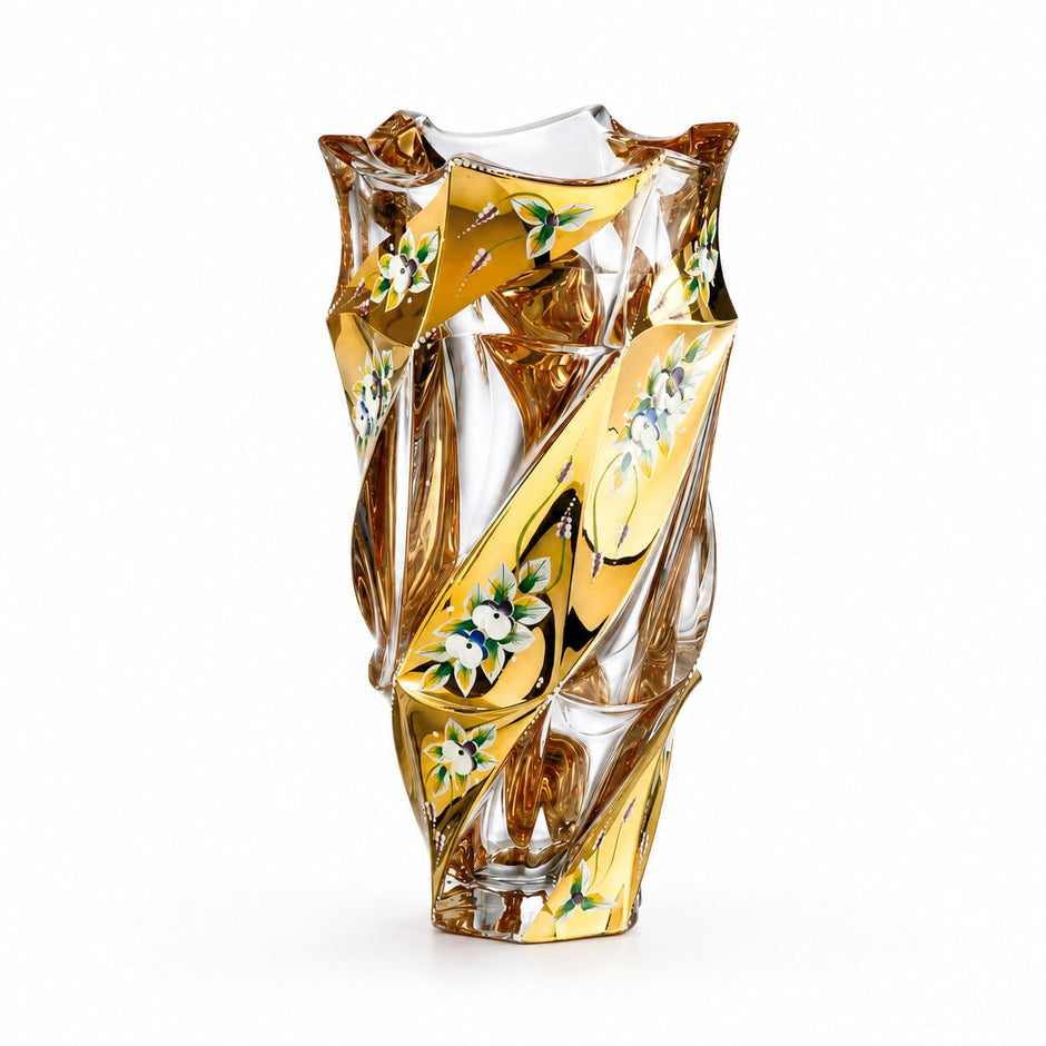 Vase en Cristal Émaillé Doré Importé de Tchéquie avec cristal sculpté, détails dorés et motifs floraux colorés pour une décoration élégante et raffinée.