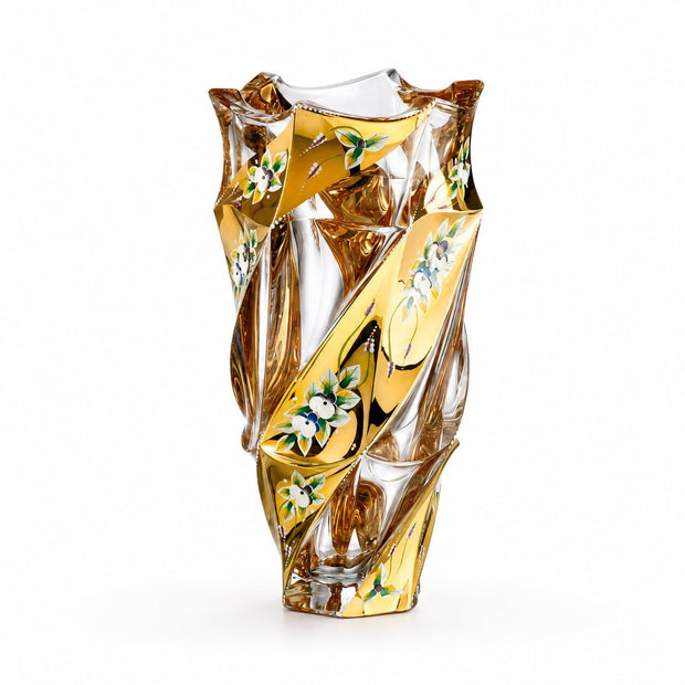 Vase en Cristal Émaillé Doré avec cristal sculpté, détails dorés et motifs floraux colorés pour une décoration élégante et raffinée.
