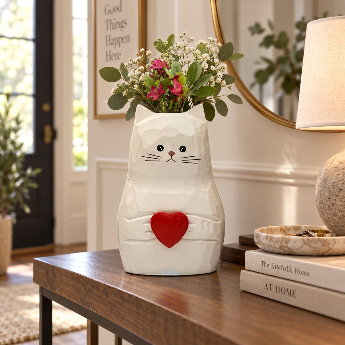 Vase en Bois Massif en Forme de Chat