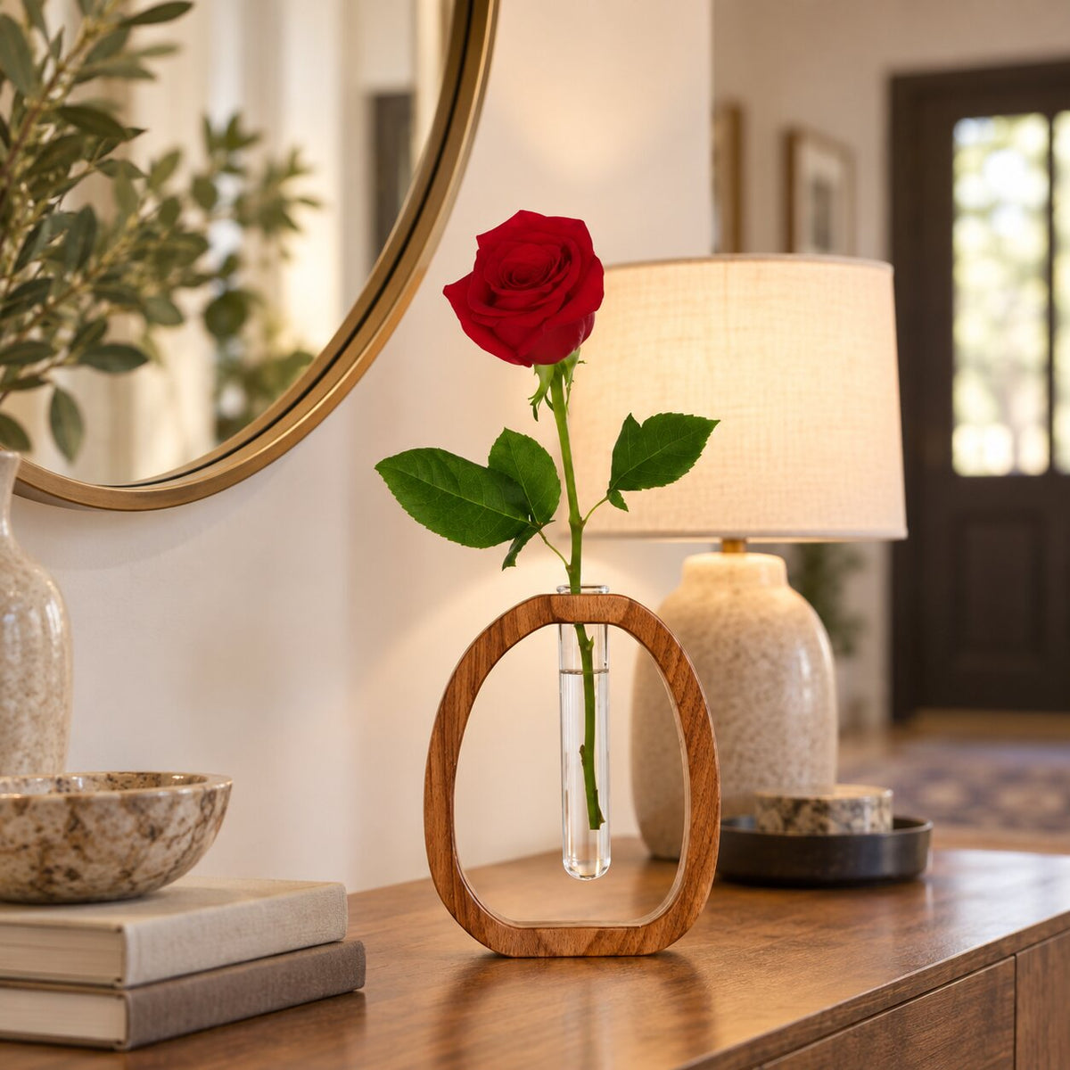 Vase en Bois avec Récipient en Verre pour Fleurs