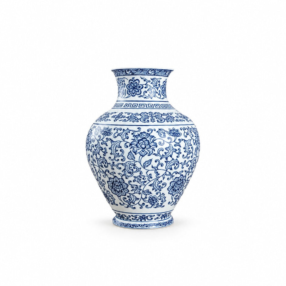 Vase en Porcelaine Bleu et Blanc avec Dessin de Lotus