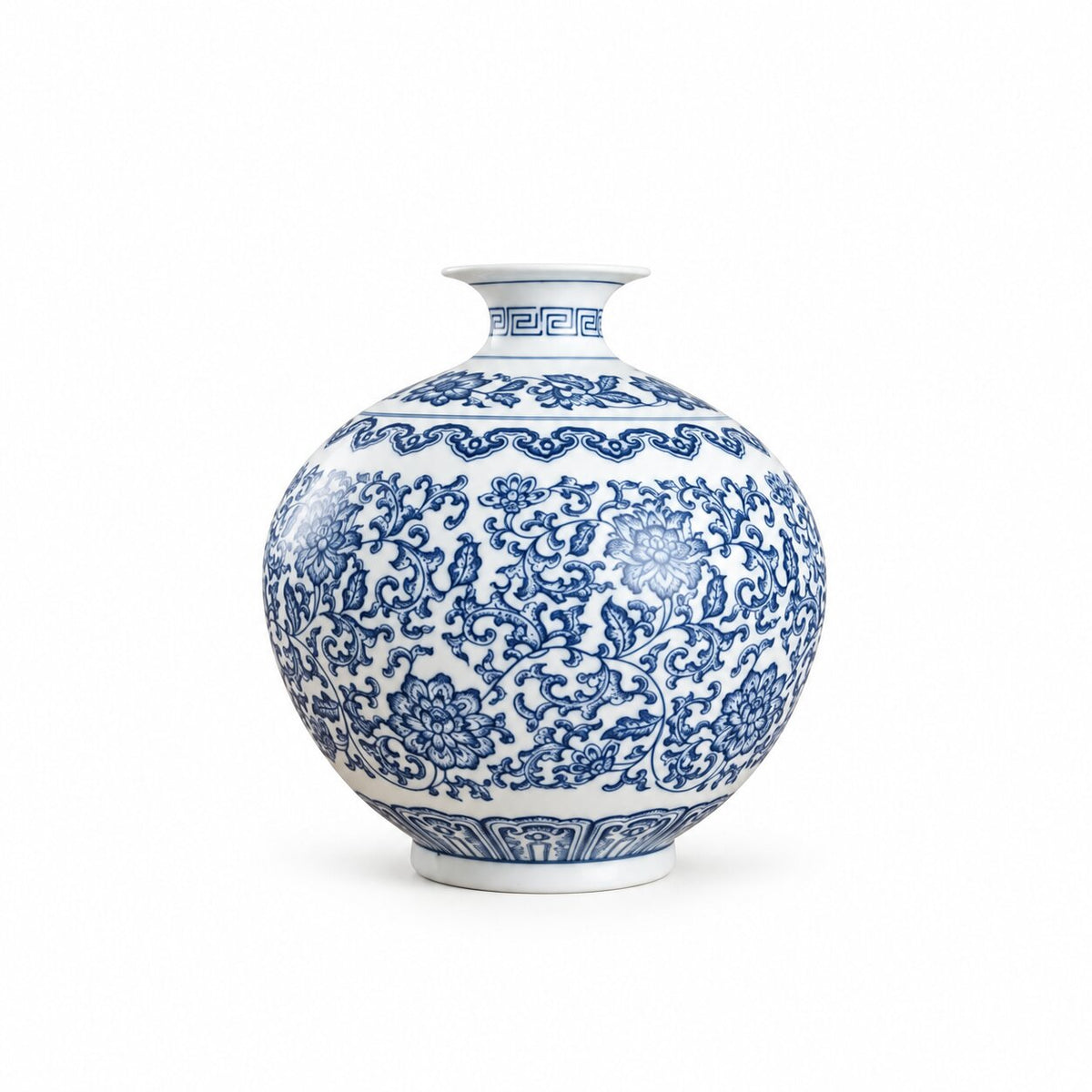 Vase en Porcelaine Bleu et Blanc avec Dessin de Lotus