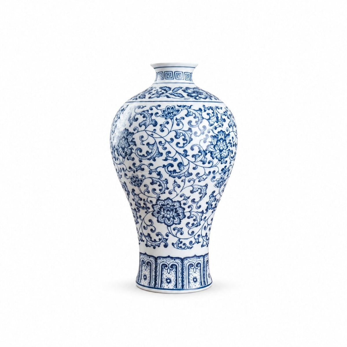 Vase en Porcelaine Bleu et Blanc avec Dessin de Lotus