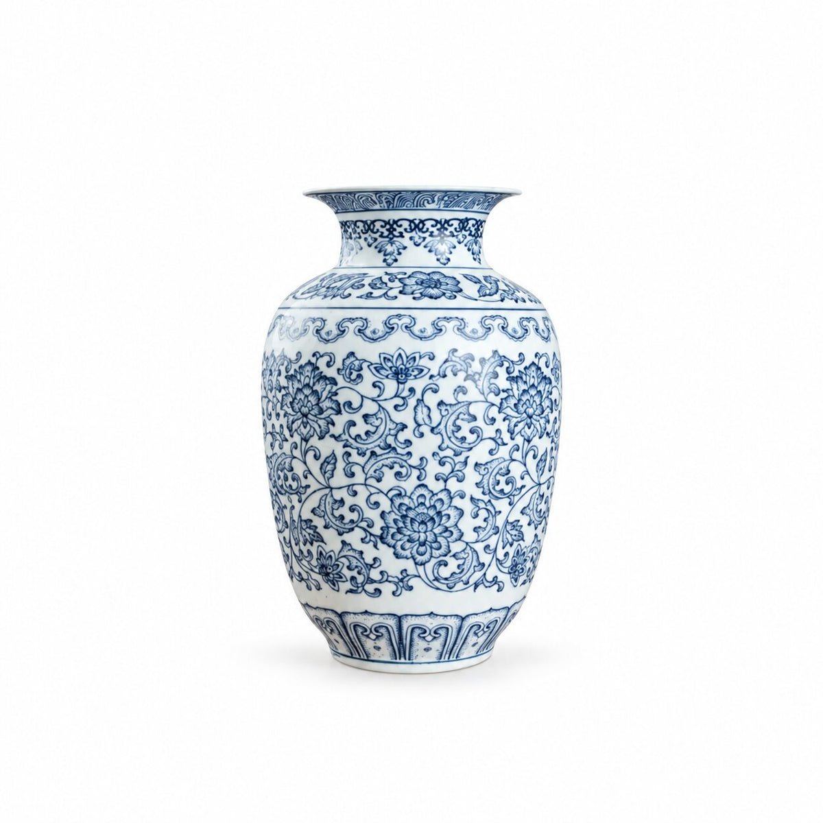 Vase en Porcelaine Bleu et Blanc avec Dessin de Lotus
