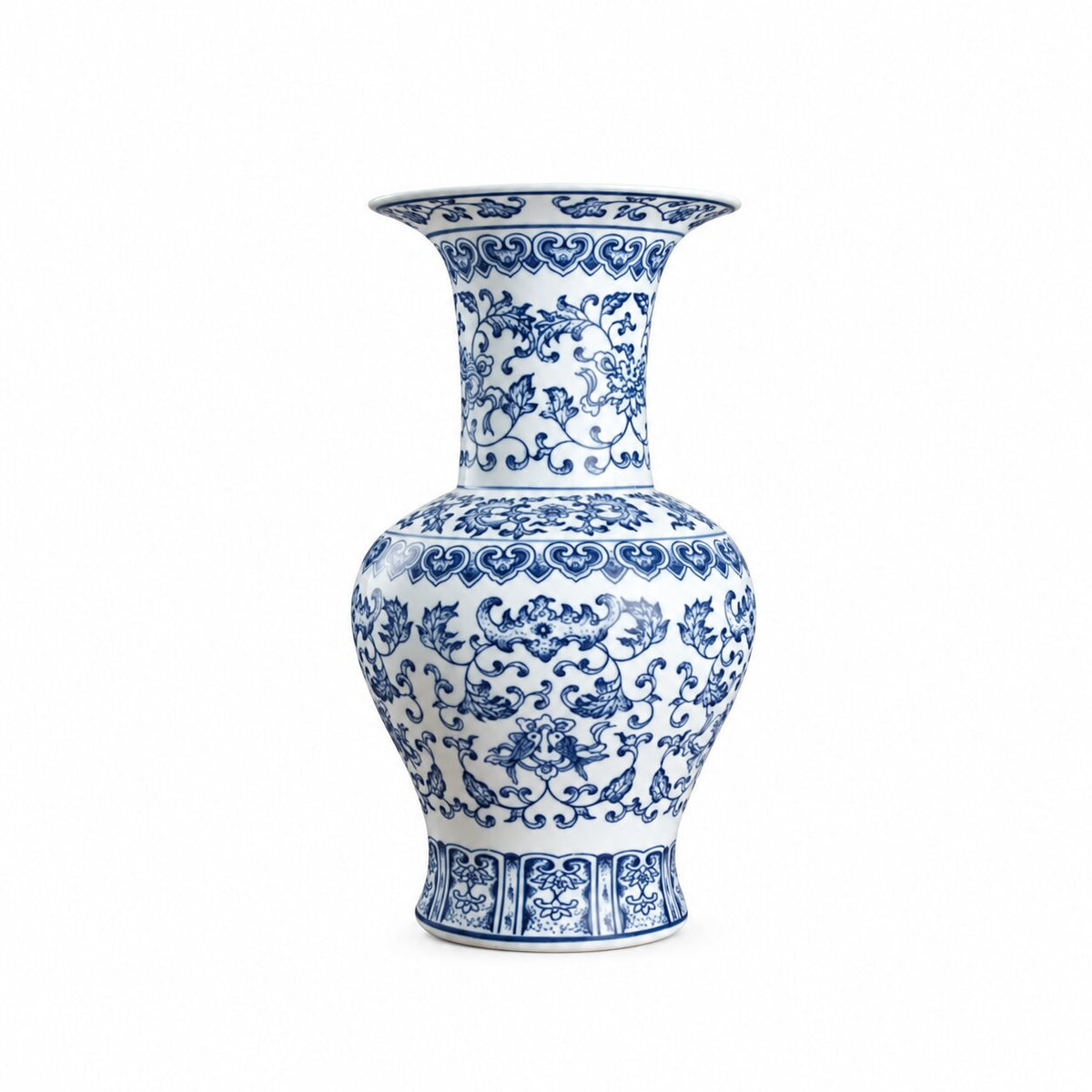 Vase en Porcelaine Bleu et Blanc avec Dessin de Lotus