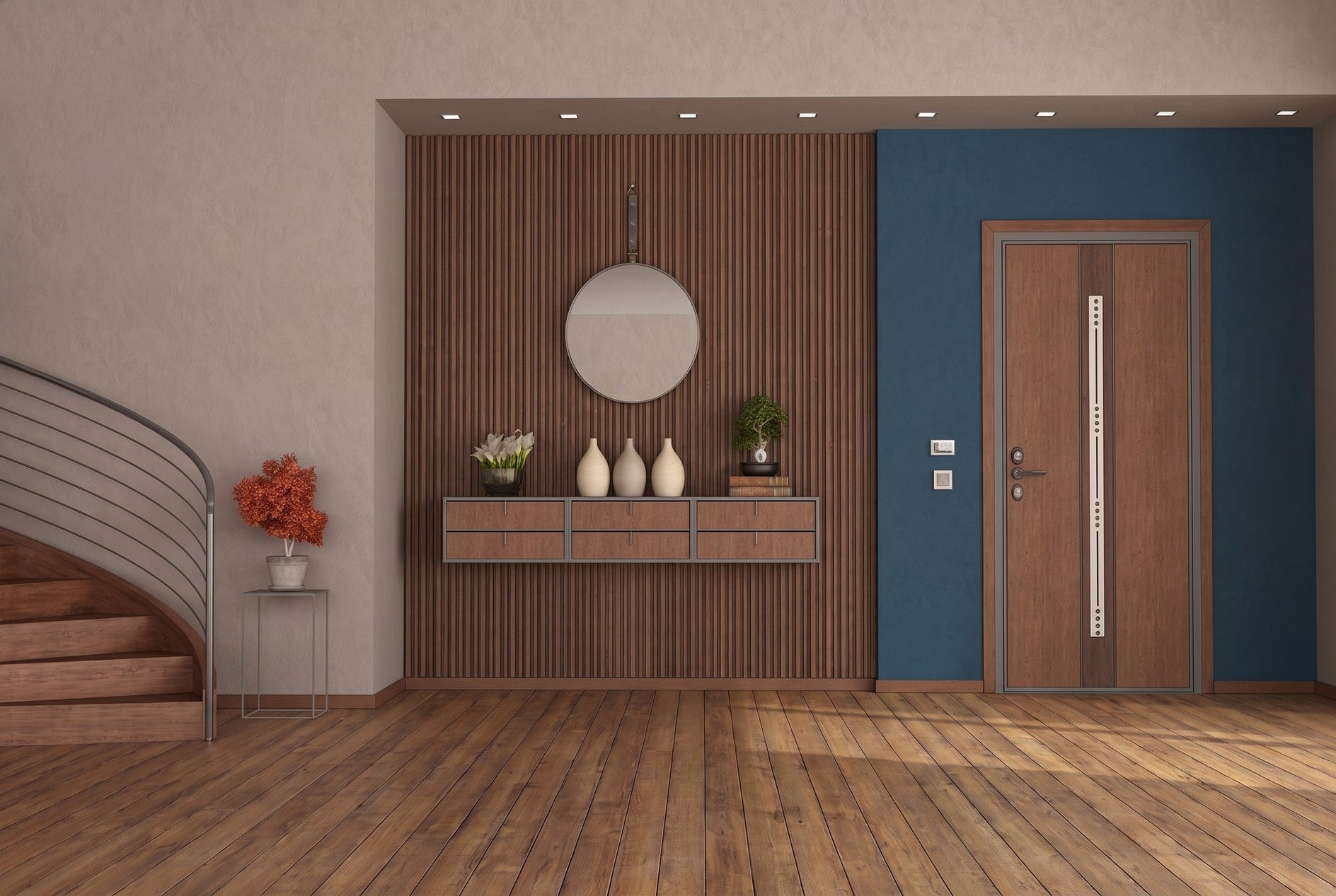 Entrée décorée Maison Natura — vases, miroir et console en bois